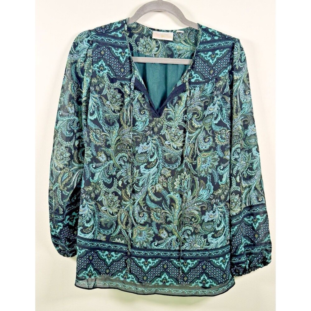 Belle Kim Gravel Womens Green/Black Paisley Long Sleeve Blouse Top